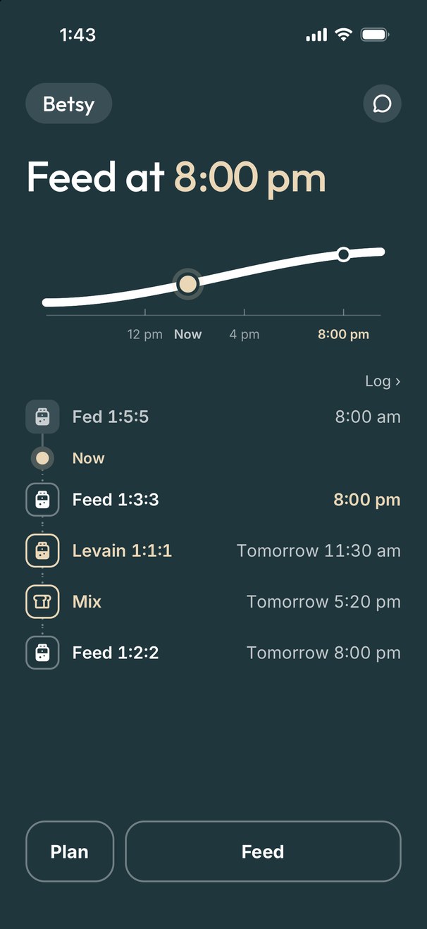 Crum on iPhone: Betsy, Feed at 8:00 pm, the rise since this morning's feed, and tomorrow's levain and mix