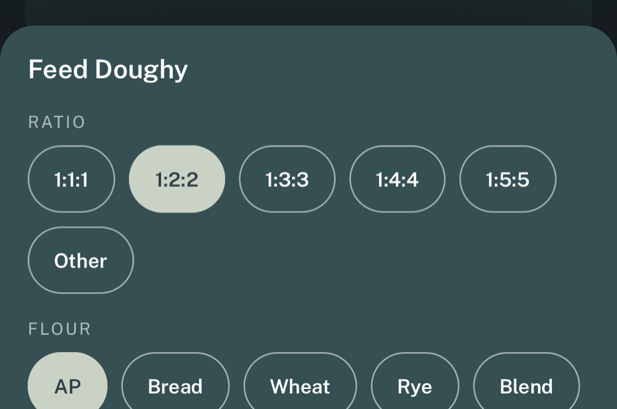 Crum's feed sheet: ratio and flour chips, one log feed button