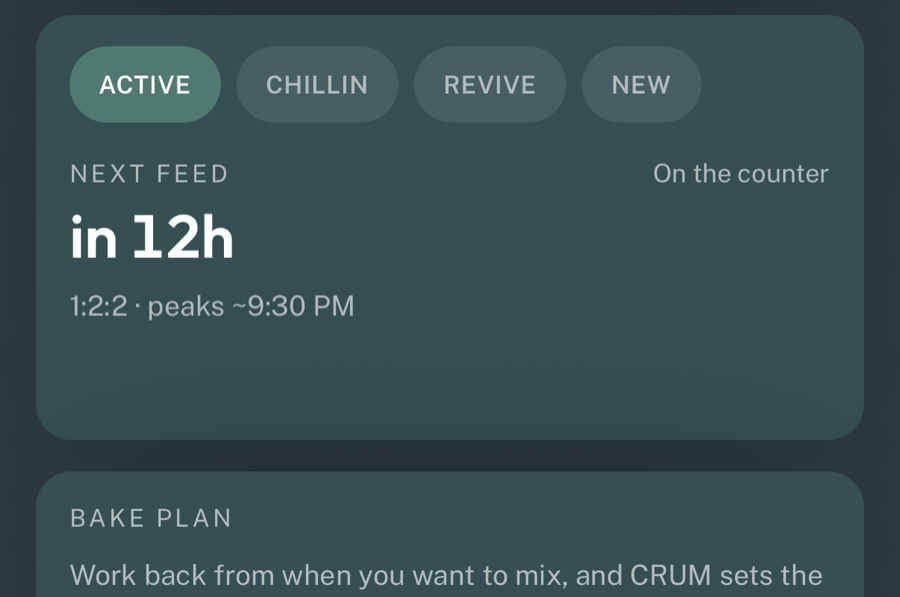 Crum's program card: Active selected among four programs, next feed in 12 hours